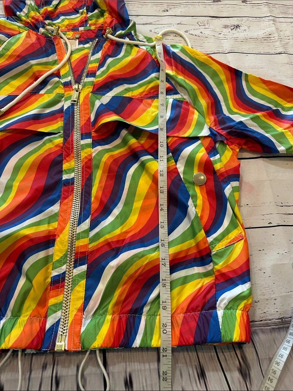 NWT Michael Kors Rainbow Wave Zip-Front Hooded Bomber Jacket - Multicolor